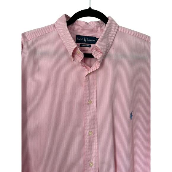Ralph Lauren Shirt Men's Size 17.5 36/37 Tall Pink White Striped Button Front - Picture 2 of 12